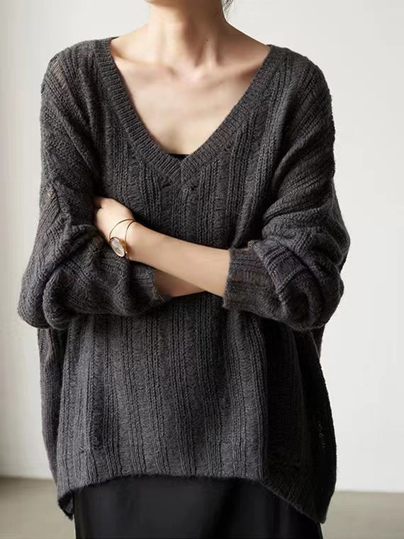 Damen Grobstrickpullover mit tiefem V-Ausschnitt und lässigem Schnitt Drune