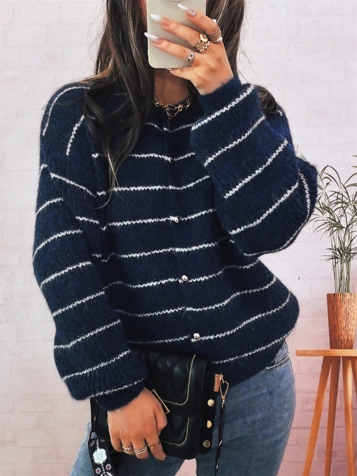 Damen gemütlicher Strickcardigan mit dekorativen Knöpfen und feinem Streifenmuster Drune