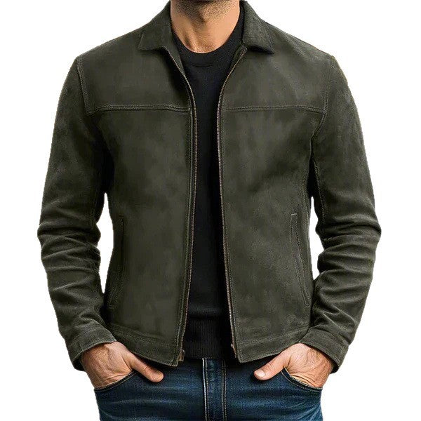 Herren nan schlanke Veloursleder-Jacke mit klassischem Kragen und verdecktem Reißverschluss Drune