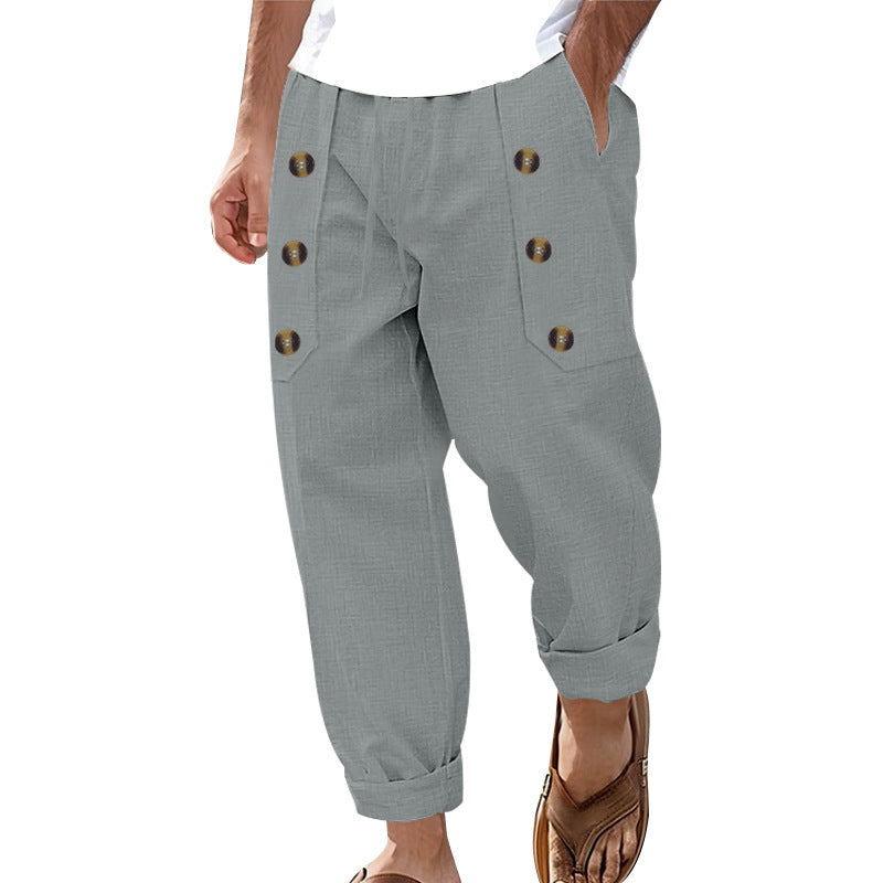 Herren lässige Leinen-Cargo-Hose mit praktischen Knöpfen und seitlichen Taschen Drune