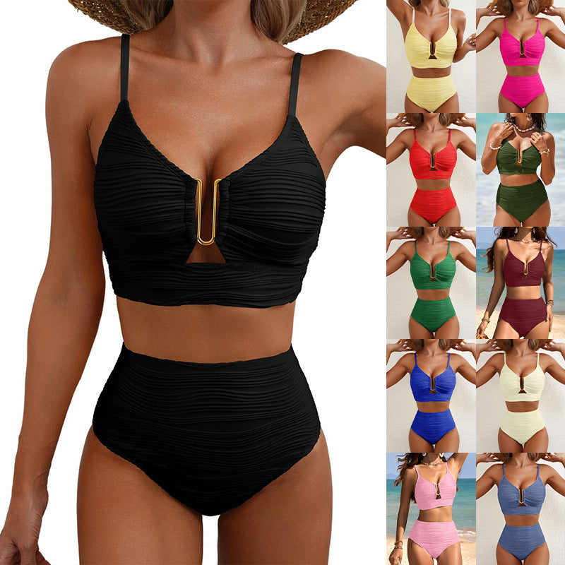Damen Hochgeschnittener Bikini mit modischem Plissee-Design Drune