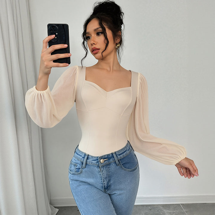 Damen Stretch-Bodysuit mit Puffärmeln und tiefem V-Ausschnitt Drune