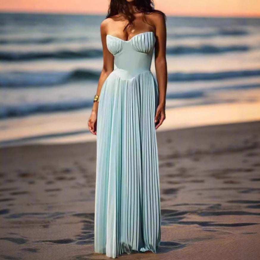Damen Maxikleid mit elegantem Plissee und herzförmigem Oberteil Drune