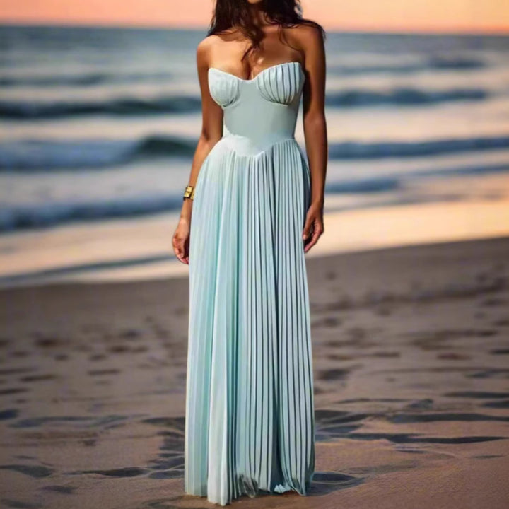 Damen Maxikleid mit elegantem Plissee und herzförmigem Oberteil Drune