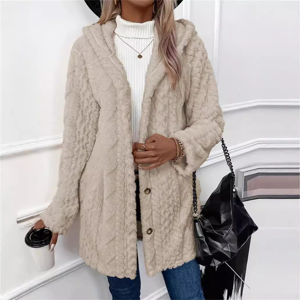 Damen kuschelige Knopfjacke mit hohem Kragen Drune