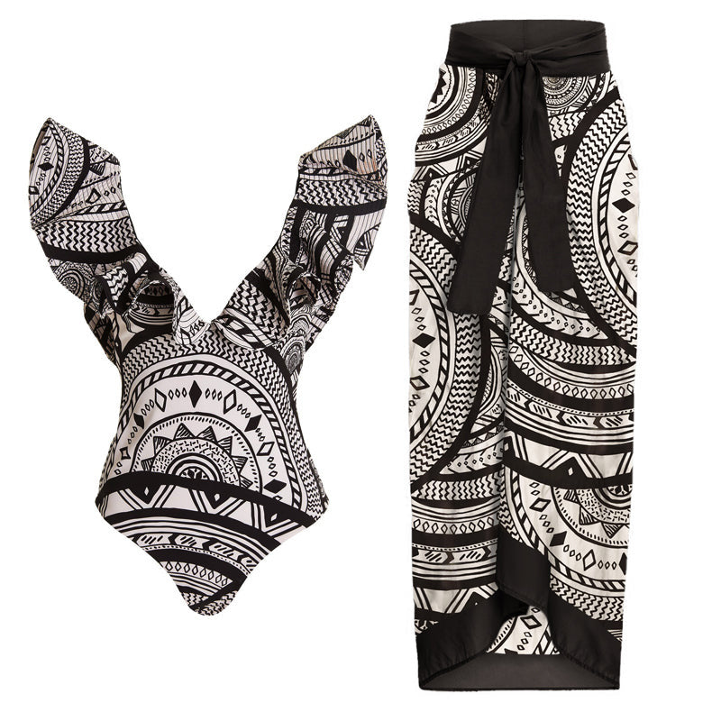 Damen Einteiliges Badeoutfit mit voluminösen Rüschendetails Drune
