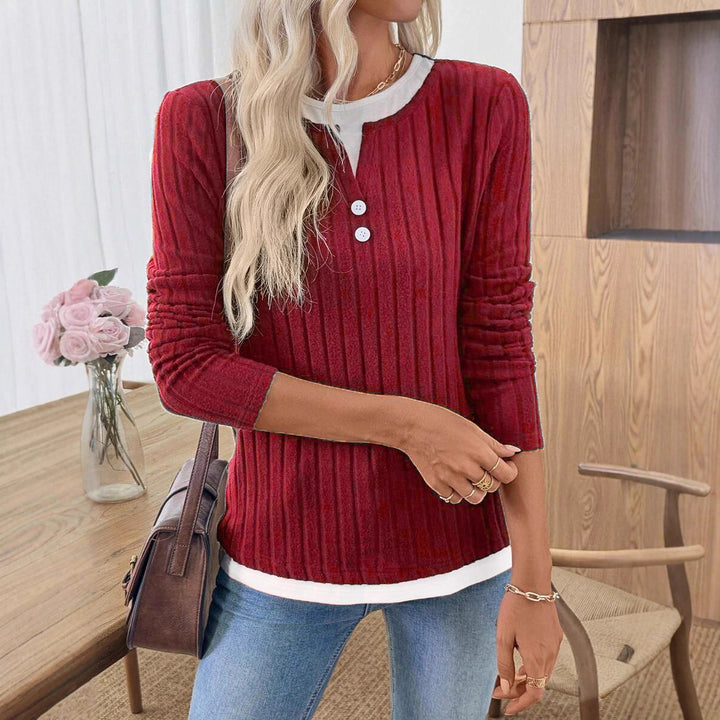 Damen Rippstrick Langarmshirt mit Knopfleiste Drune