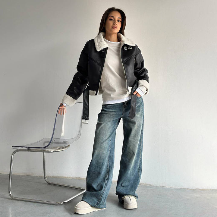 Damen Kunstlederjacke mit hochwertigem Fleece-Futter und figurformendem Gürtel Drune