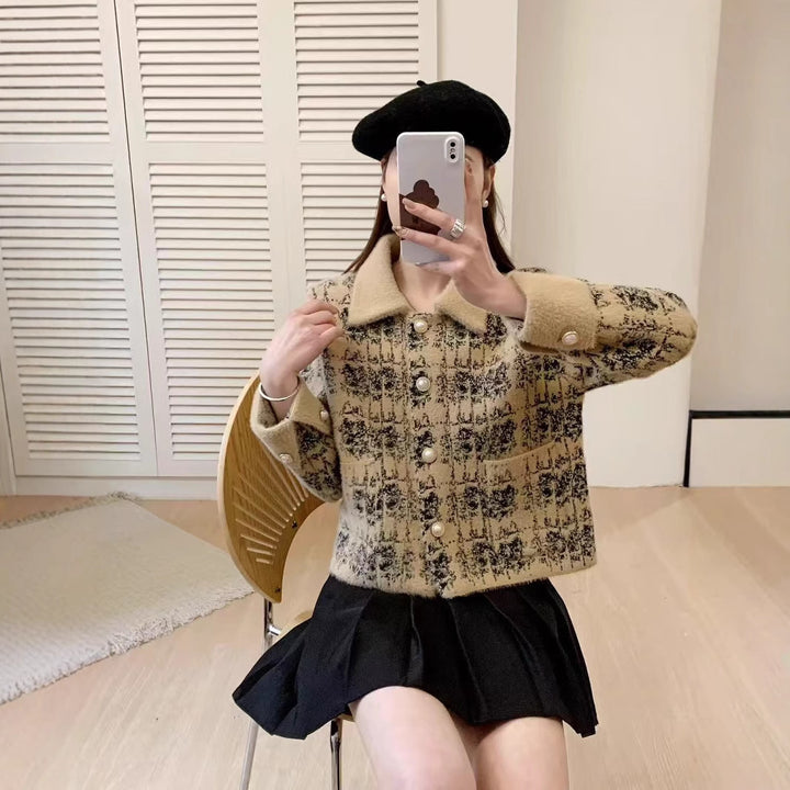 Damen Stylische Strickjacke mit Perlenknöpfen und kragen Drune