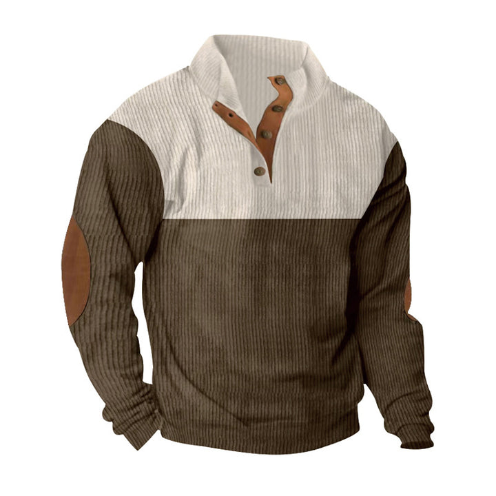 Herren nan gerippter Henley-Strickpullover mit Lederbesatz an Knopfleiste und Ellbogen-Patches Drune