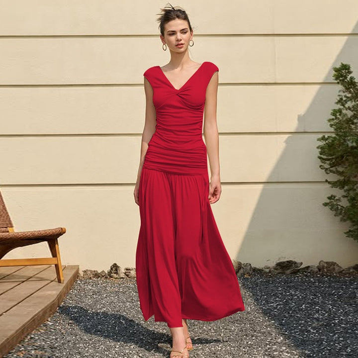 Damen Fließendes Maxikleid mit Raffungen und V-Ausschnitt Drune