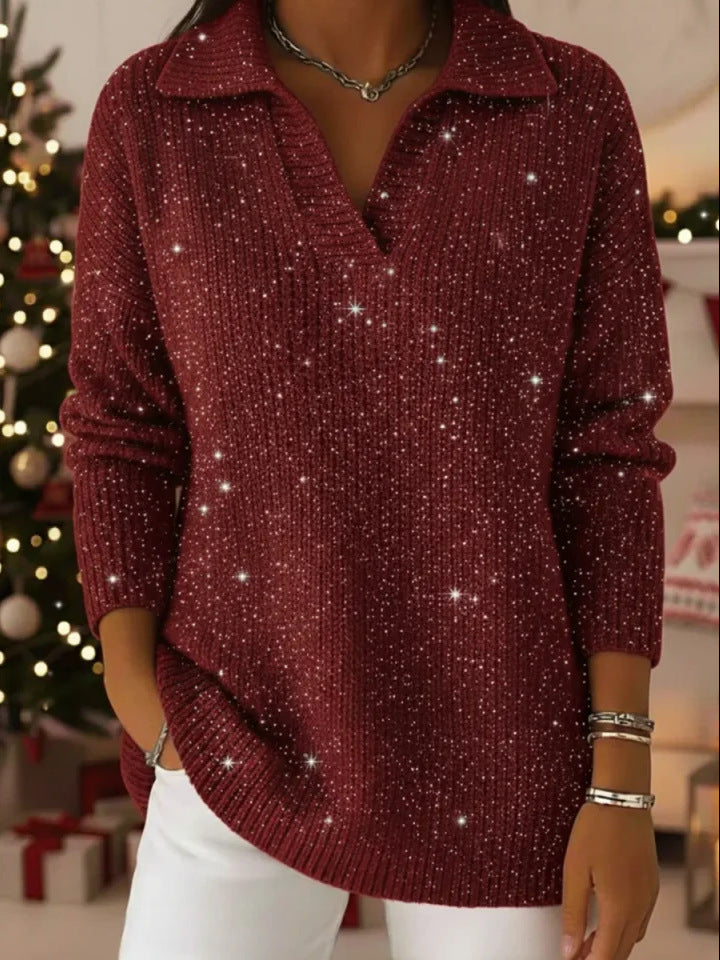 Damen schimmernder Strickpullover mit modernem Kragen Drune
