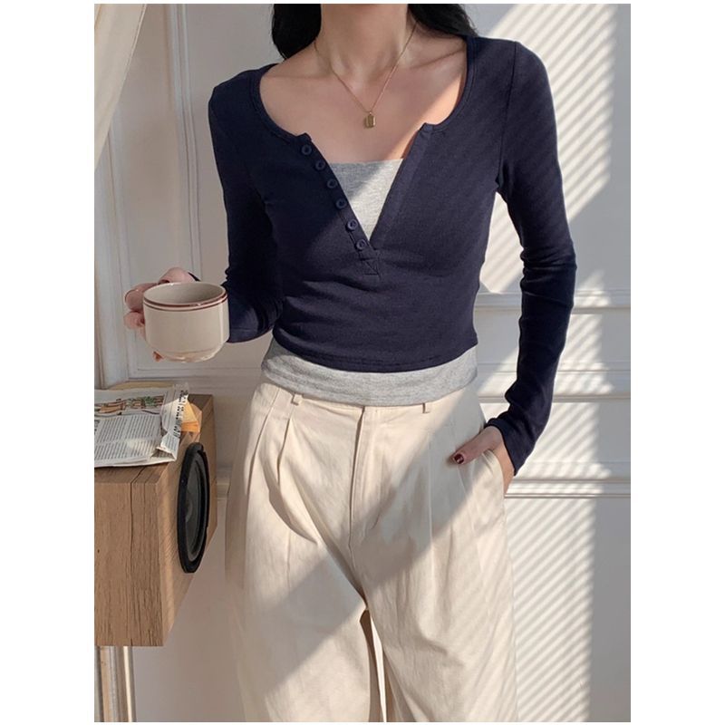 Damen langärmliges Baumwollshirt mit Knopfleiste Drune