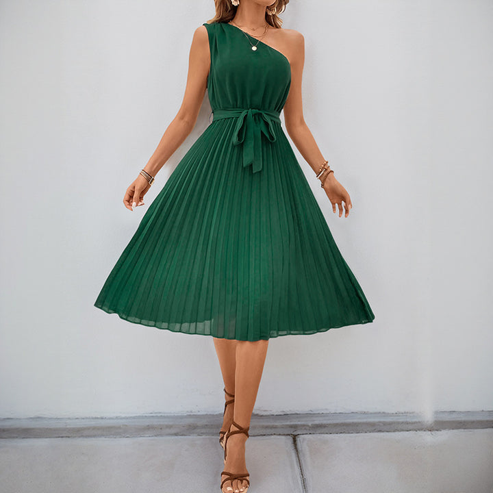 Damen Plissee Midi-Kleid mit tailliertem Gürtel und elegantem Schnitt Drune