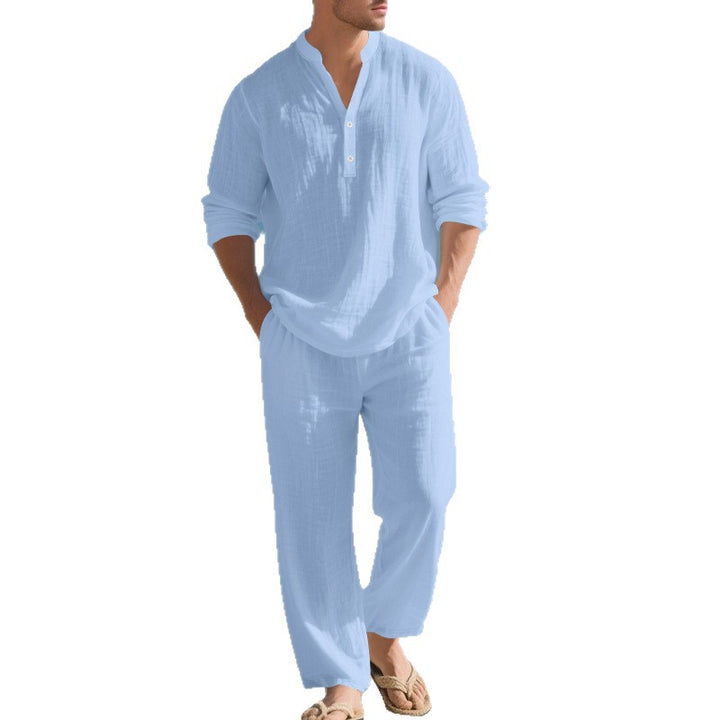 Herren nan legeres Henley-Set aus leichter Leinenoptik mit Stehkragen und elastischer Tunnelzughose Drune