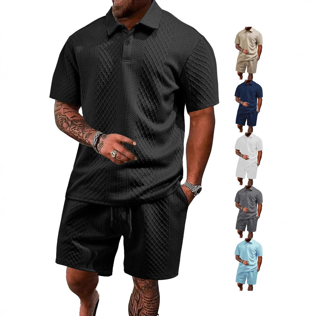 Herren nan geprägtes Waffel-Polo mit Kentkragen und elastischer Tunnelzugshorts im Set Drune