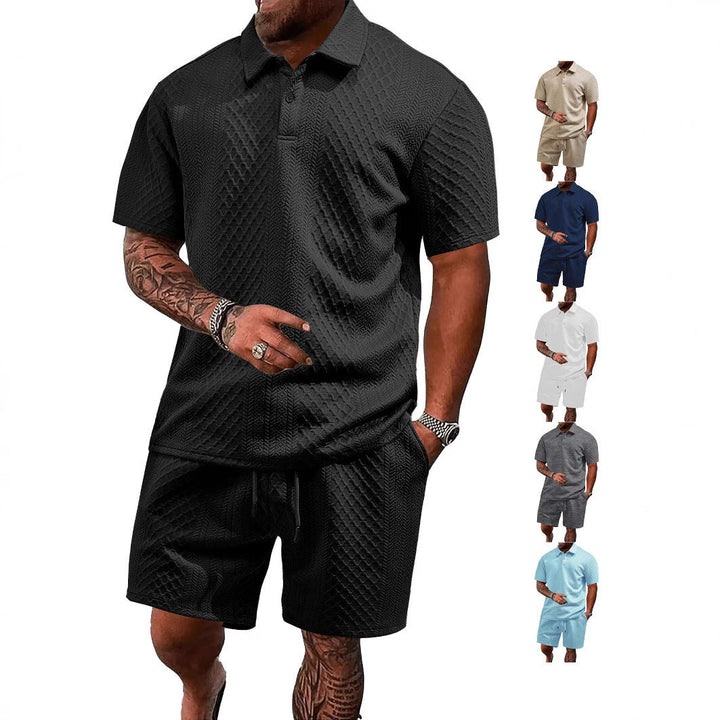 Herren nan geprägtes Waffel-Polo mit Kentkragen und elastischer Tunnelzugshorts im Set Drune