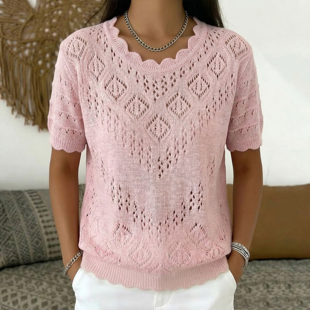 Damen nan kurzärmeliger Spitzenstrickpullover mit Ajourmuster und geschwungenem Ausschnitt Drune