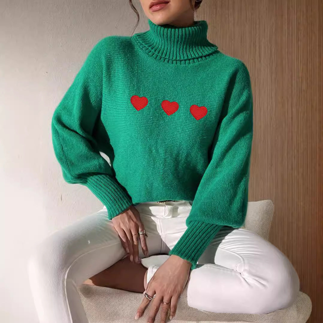 Damen Pullover mit hohem Kragen und verspielten Herzapplikationen Drune