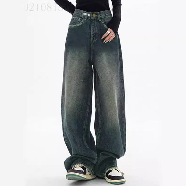 Damen nan hochgeschnittene extraweite Baggy-Jeans mit überlangem Saum und Vintageoptik Drune