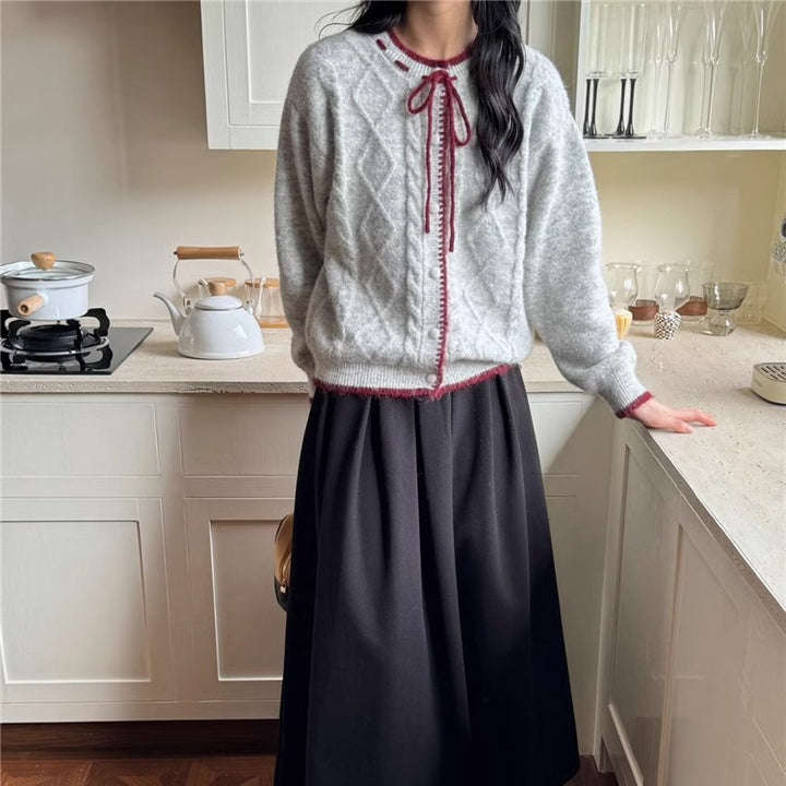Damen lässige Strickjacke mit Zopf-Design und Schleifenverschluss Drune
