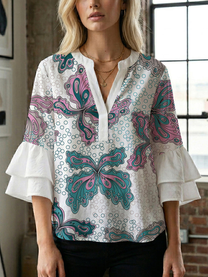 Damen Bluse mit voluminösen Rüschenärmeln und kreativem Floraldesign Drune