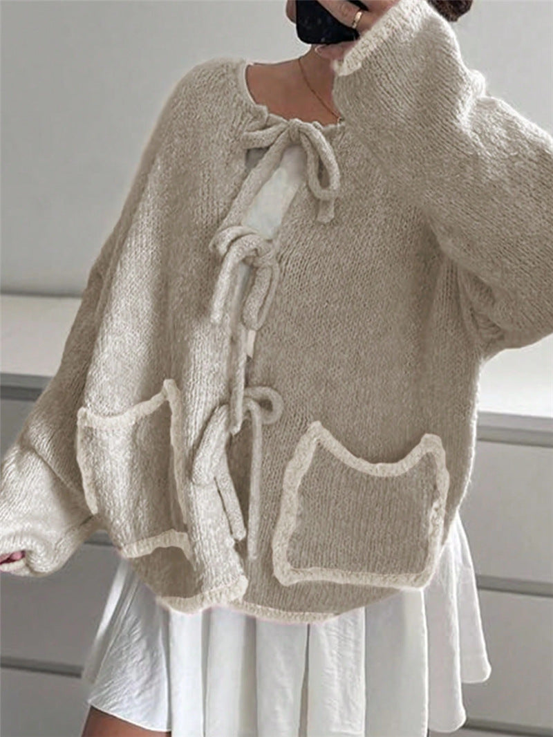Damen lässige Strickjacke mit einzigartigem Bindungsdetail und großen Taschen Drune