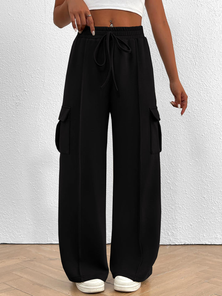 Damen breite Cargo-Hose mit elastischem Taillenbund und praktischen Taschen Drune