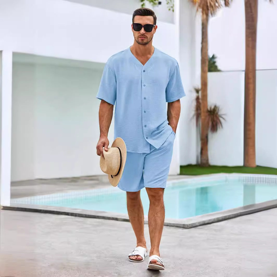 Herren luftiges Sommer-Freizeit-Set mit kurzärmeliger Knopfleiste und lässigen Shorts Drune