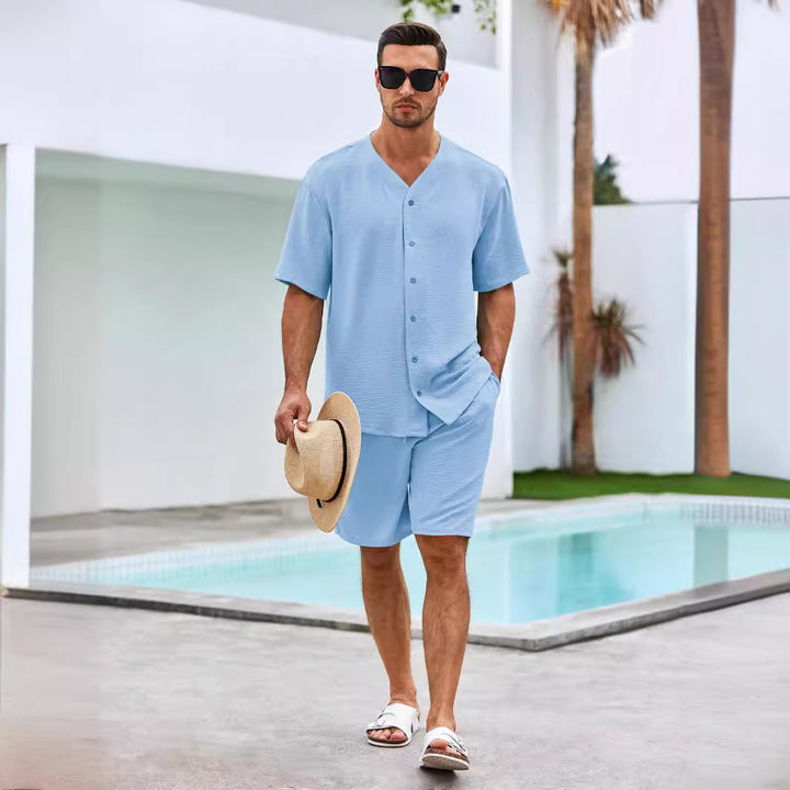 Herren luftiges Sommer-Freizeit-Set mit kurzärmeliger Knopfleiste und lässigen Shorts Drune