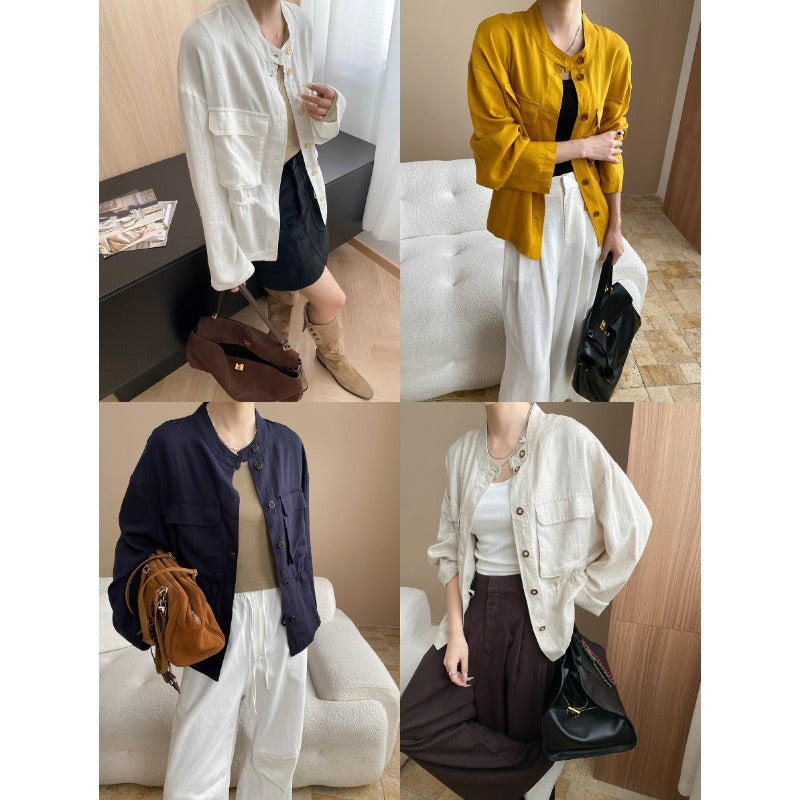 Damen lässige Leinenjacke mit modischem Stehkragen und praktischen Taschen Drune
