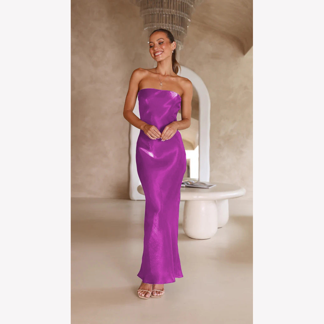 Damen Elegantes Bandeau-Maxikleid mit fließendem Satin und körpernaher Silhouette Drune