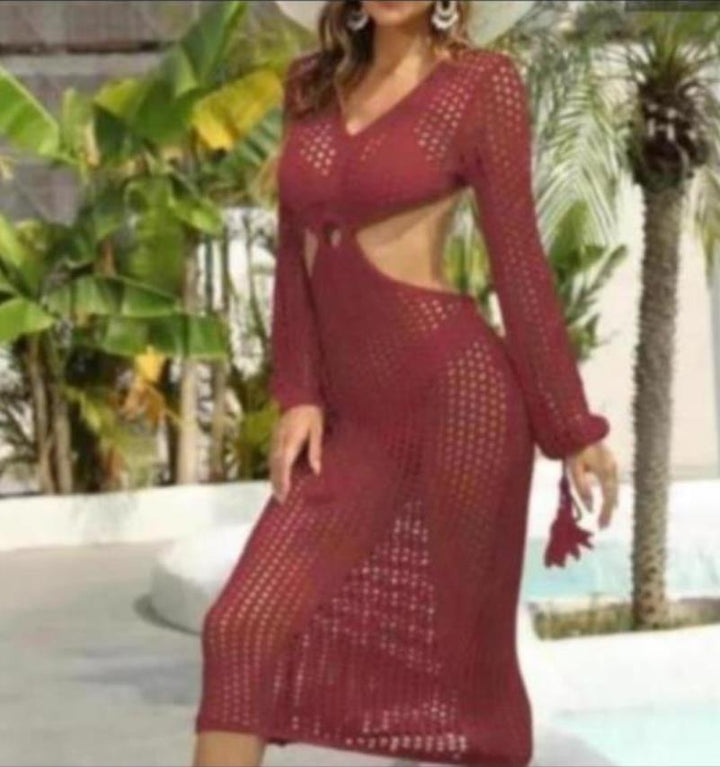 Damen Häkel-Maxikleid mit Cut-Out-Details und dekorativem Gürtel Drune