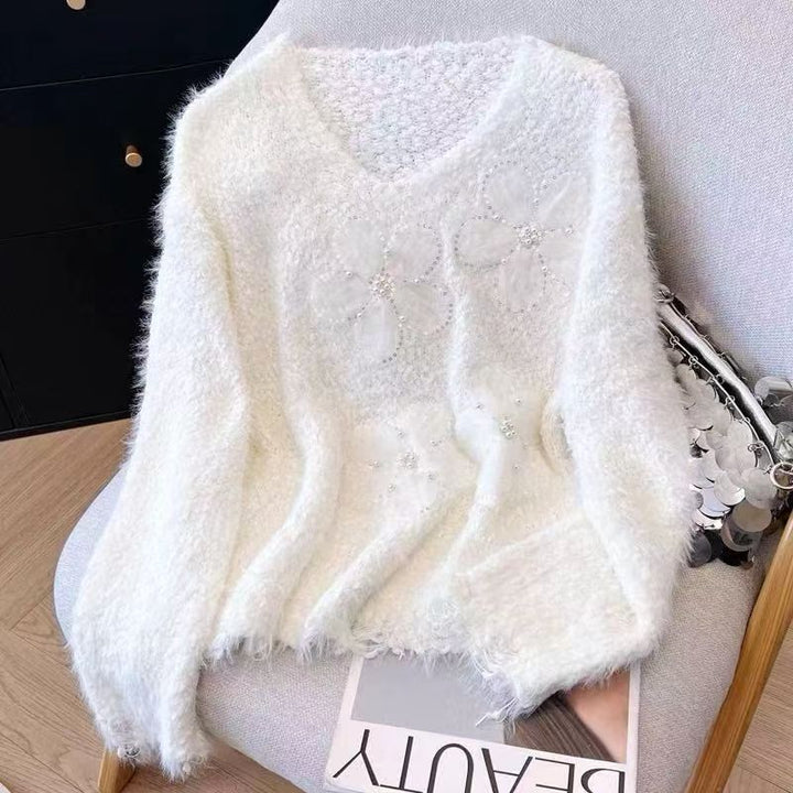 Damen kuscheliger Pullover mit floralen Applikationen Drune