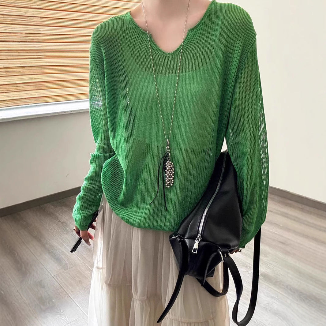 Damen luftiger Strickpullover mit V-Ausschnitt und lässigem Schnitt Drune