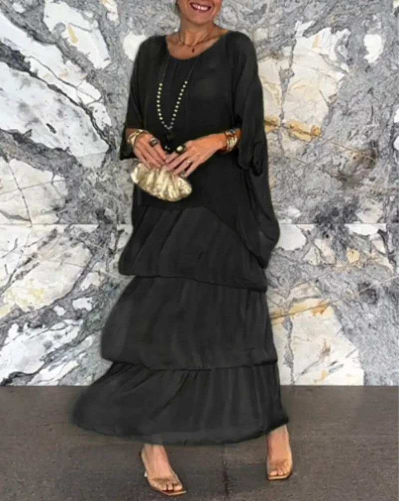 Damen nan bodenlanges Stufenkleid mit weiten Fledermausärmeln und lockerer Silhouette Drune