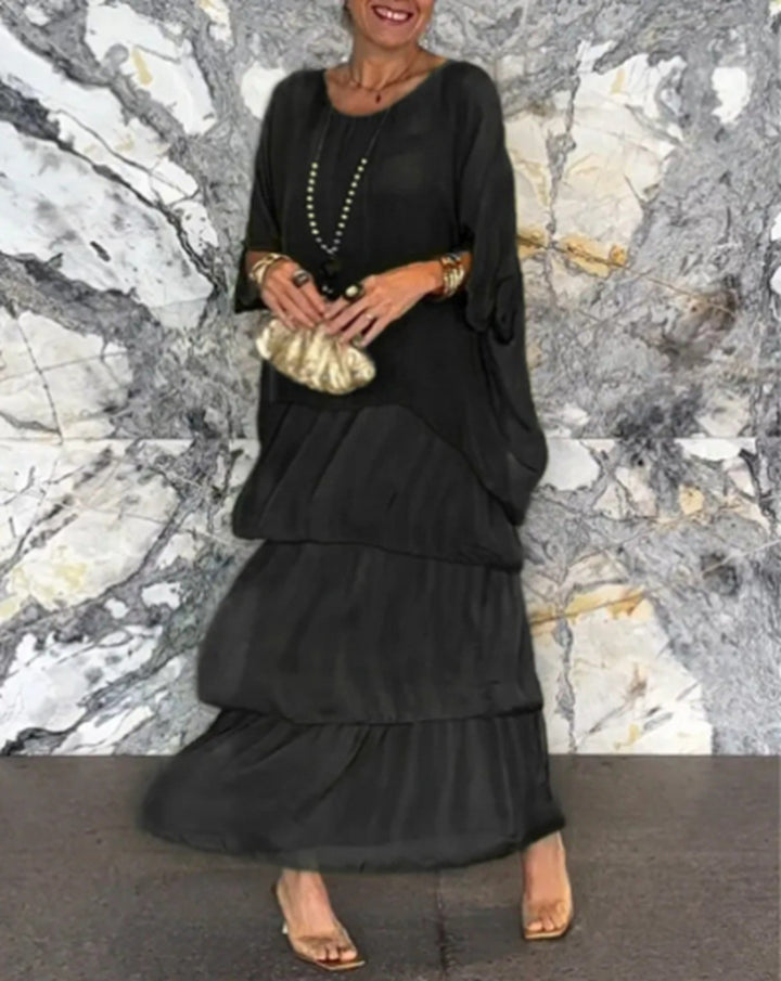 Damen nan bodenlanges Stufenkleid mit weiten Fledermausärmeln und lockerer Silhouette Drune