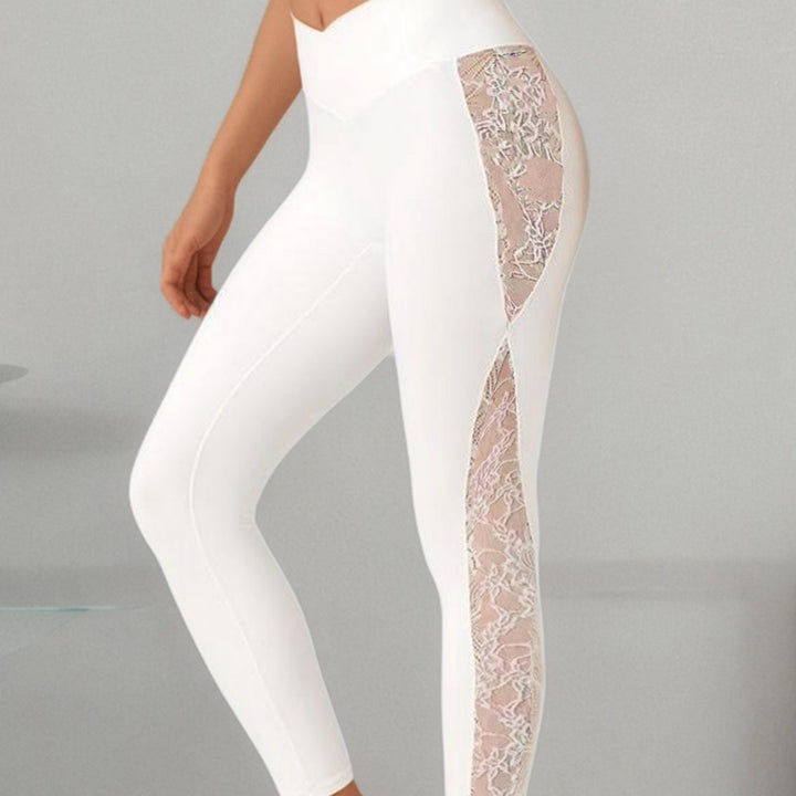 Damen Leggings mit transparenter Spitzeinsatz und hohem Taillenbund Drune