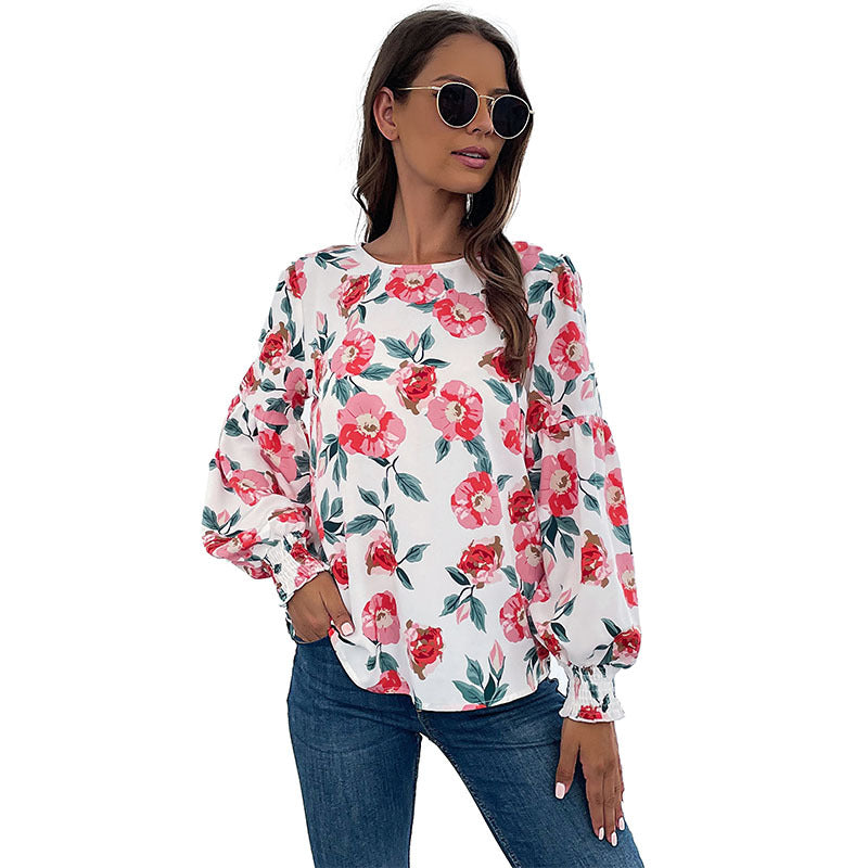 Damen elegante Bluse mit gefülltem Ärmel und floralem Muster Drune