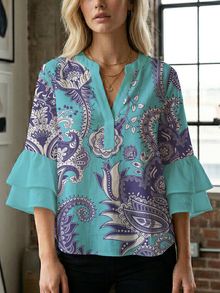 Damen elegantes Oberteil mit voluminösen Rüschensäumen und floralem Design Drune