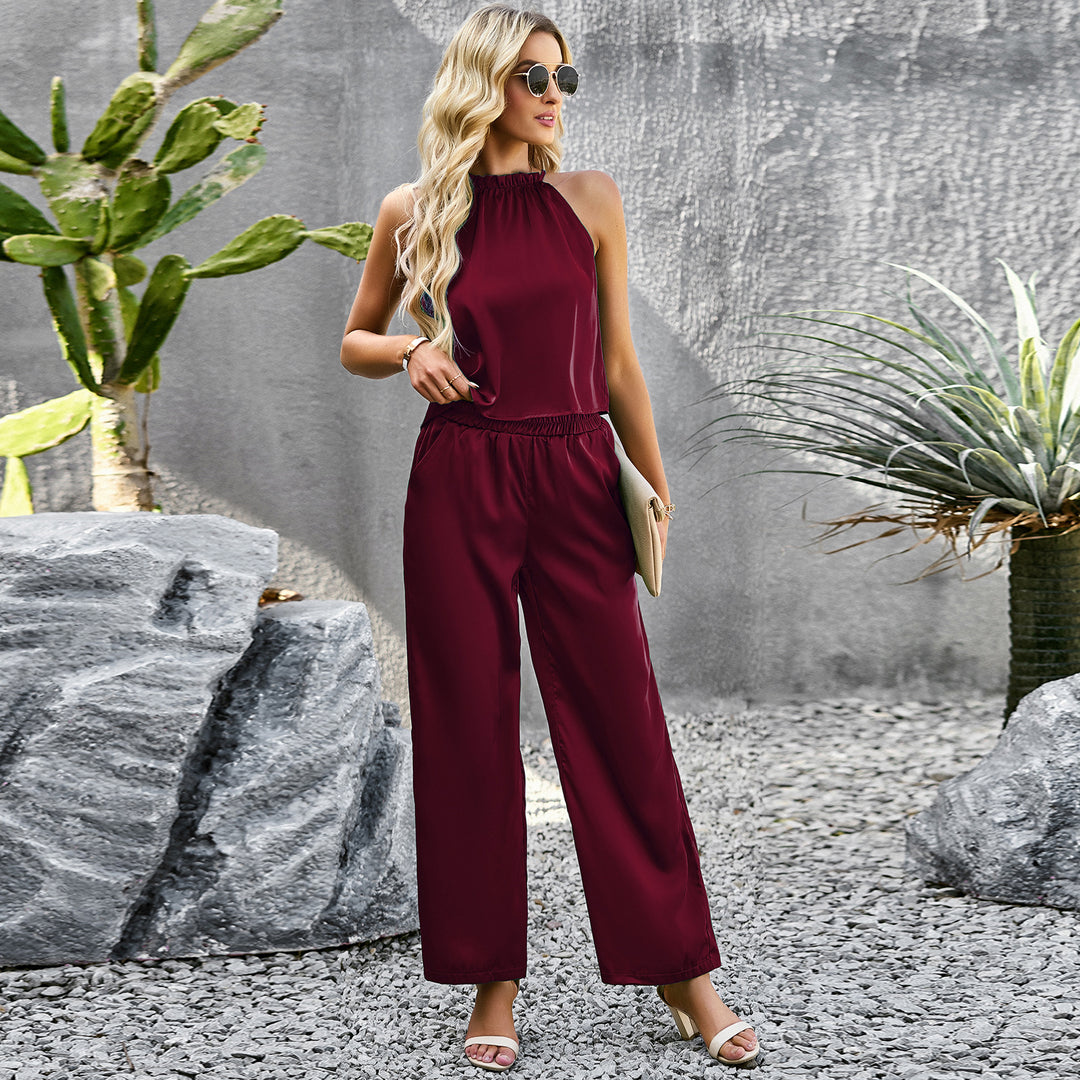 Damen eleganter Jumpsuit mit ausgestelltem Bein und hohem Kragen Drune