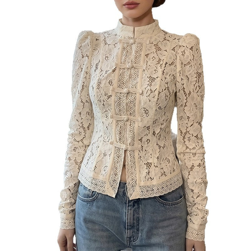 Damen Spitzenbluse mit strukturierten Details und elegantem Stehkragen Drune