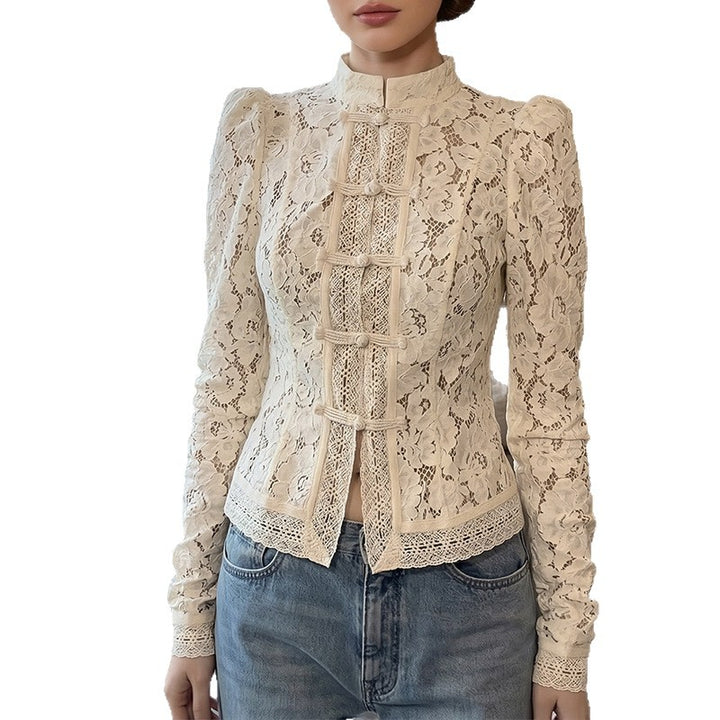 Damen Spitzenbluse mit strukturierten Details und elegantem Stehkragen Drune
