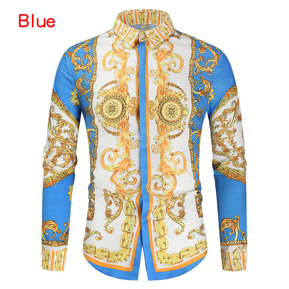 Herren nan barockes Langarm-Hemd mit ornamentalem Druck, Kentkragen und tailliertem Schnitt Drune