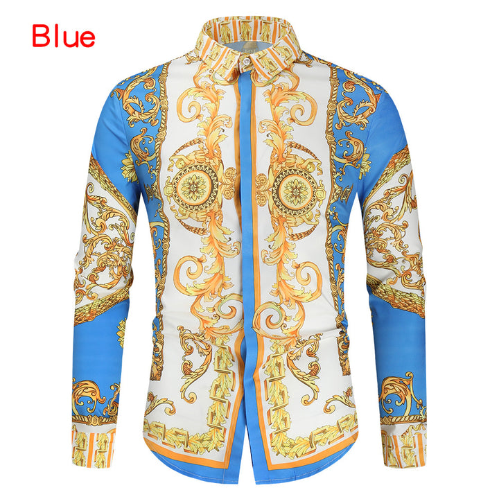 Herren nan barockes Langarm-Hemd mit ornamentalem Druck, Kentkragen und tailliertem Schnitt Drune