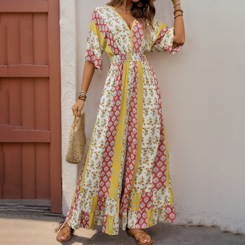 Damen lässiger Jumpsuit mit floralem Muster und weiten Beinen Drune
