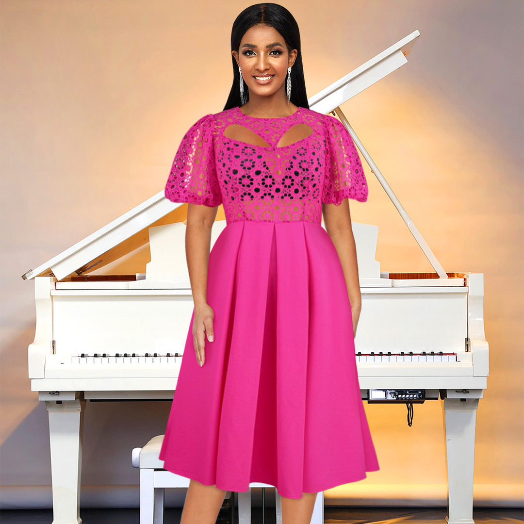 Damen Elegantes A-Linien Kleid mit Cut-Out-Details und Puffärmeln Drune
