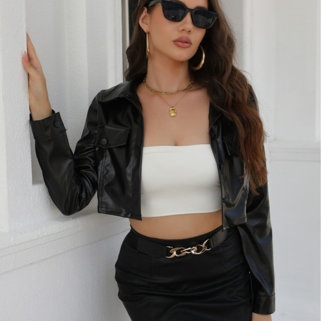 Damen cropped Kunstlederjacke mit klassischem Kragen und modischem Schnitt Drune