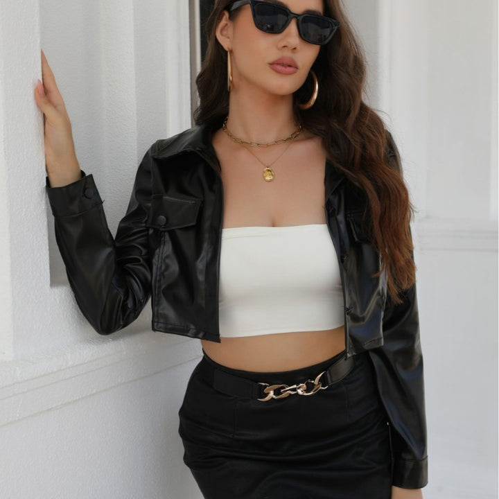 Damen cropped Kunstlederjacke mit klassischem Kragen und modischem Schnitt Drune