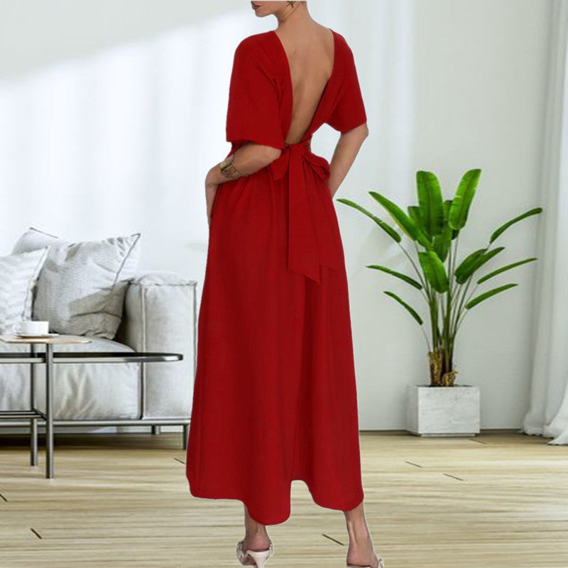 Damen Elegantessent Midi-Kleid mit tiefem Rückenausschnitt und Schleifenbändchen Drune